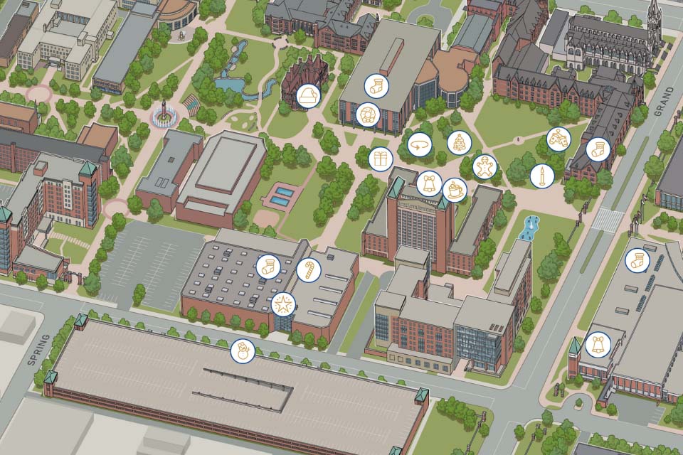 COTW Map 2025 Illustrated map of the northwestern part of SLU's campus with icons showing the locations of attractions at Christmas on the quad. Bathrooms are at DuBurg Hall, the CGC and Bush Student Center. Check in, bounce houses and mug pick up are at Simon Recreation Center. Parking is in Laclede Garage. The tree lighting is on the quad. Food trucks/cheer garden are near Griesedieck Hall. Crafts are near DuBourg. Fire pits are between DuBourg and Griesedieck. Hot chocolate is in front of Griesedieck Hall.